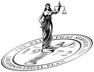 Pre-Paid Legal lady liberty standing on a life events legal plan emblem.